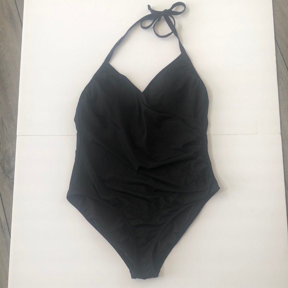 Apt 9 one piece swimsuit in black with v neckline and tie around straps on neck